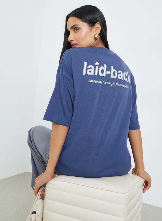 Styli Blue Laid-Back Front and Back Puff Print 100% Cotton Oversized T-Shirt - Image 3