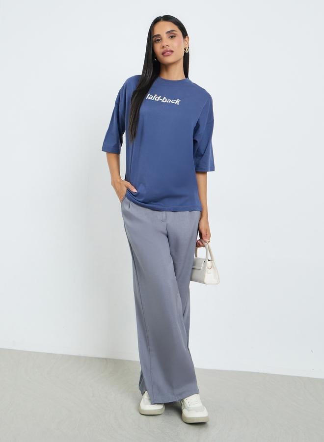 Styli Blue Laid-Back Front and Back Puff Print 100% Cotton Oversized T-Shirt - Image 2