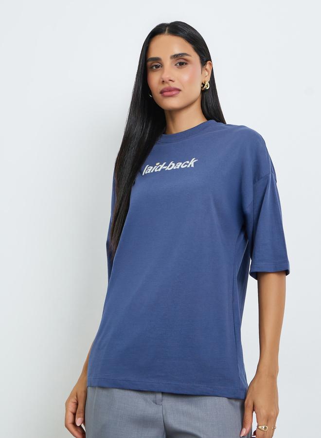 Styli Blue Laid-Back Front and Back Puff Print 100% Cotton Oversized T-Shirt - Image 1