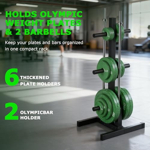 ZHOOGE Olympic Weight Plate Rack, 6 Pegs & 2 Barbells for Bumper Plate Storage, Olympic Weight Plate Tree - Heavy Duty Bumper Plate Rack Holds 300 lbs - Image 3