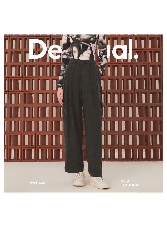 DESIGUAL بنطلون نسائي كاجوال فضفاض من القماش المغسول بقصة مستقيمة وساق واسعة - Image 3