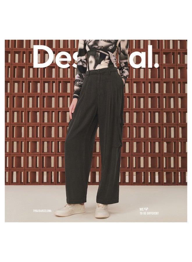 DESIGUAL بنطلون نسائي كاجوال فضفاض من القماش المغسول بقصة مستقيمة وساق واسعة - Image 2