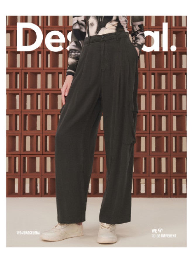 DESIGUAL بنطلون نسائي كاجوال فضفاض من القماش المغسول بقصة مستقيمة وساق واسعة - Image 1