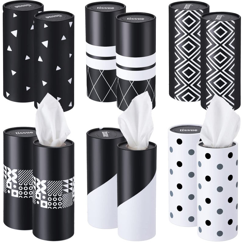 Outus Outus 12 Pcs Car Tissues Cylinder Holder with 3 Ply Facial Tissue Bulk Black White Round Tissue Holder Travel Tissues Boxes Container for Car Cup Wedding Birthday Party(Geometric) - Image 1