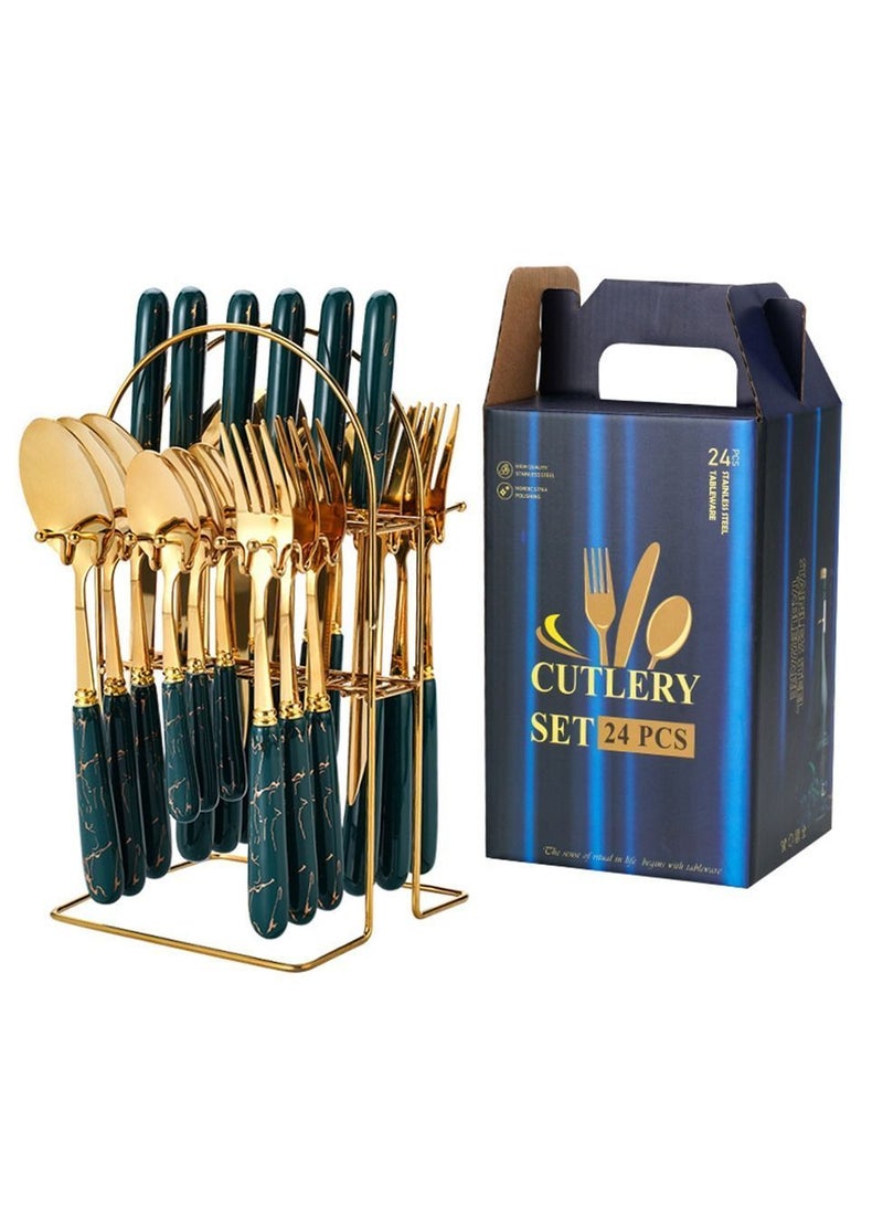 Y&D 24 Piece Ceramics Stainless Steel Flatware Set with Knife Spoon Fork（Dark Green） - Image 5