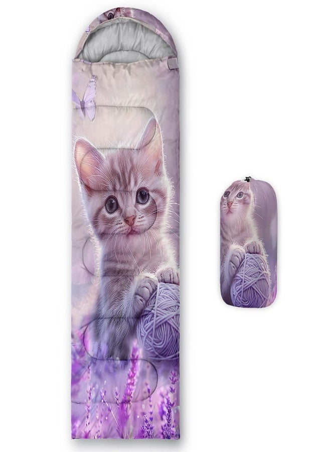 HOSIMA Kawaii Cat Sleeping Bag for Kids Girls,Cat Rolling a Ball of String in Lavender Bush Surrounded by Butterflies,Waterproof Ultralight Sleeping Bags & Camp Bedding Suitable for All Seasons. - Image 1