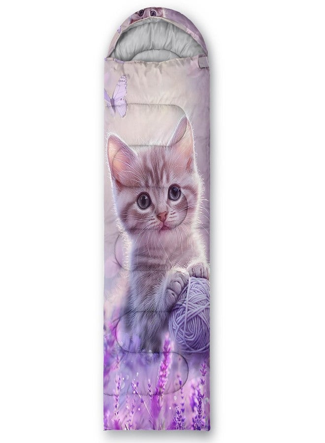 HOSIMA Kawaii Cat Sleeping Bag for Kids Girls,Cat Rolling a Ball of String in Lavender Bush Surrounded by Butterflies,Waterproof Ultralight Sleeping Bags & Camp Bedding Suitable for All Seasons. - Image 3