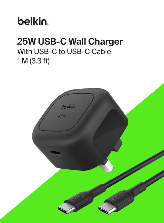 belkin Compact Wall Charger 45W + USB-C to USB-C Cable, Fast Charging for Apple iPhone 16, 15, 14, Plus, Pro, Pro Max, Samsung Galaxy S25 Series, S24, Pixel 9, iPad, AirPods, & More - Black Black - Image 1
