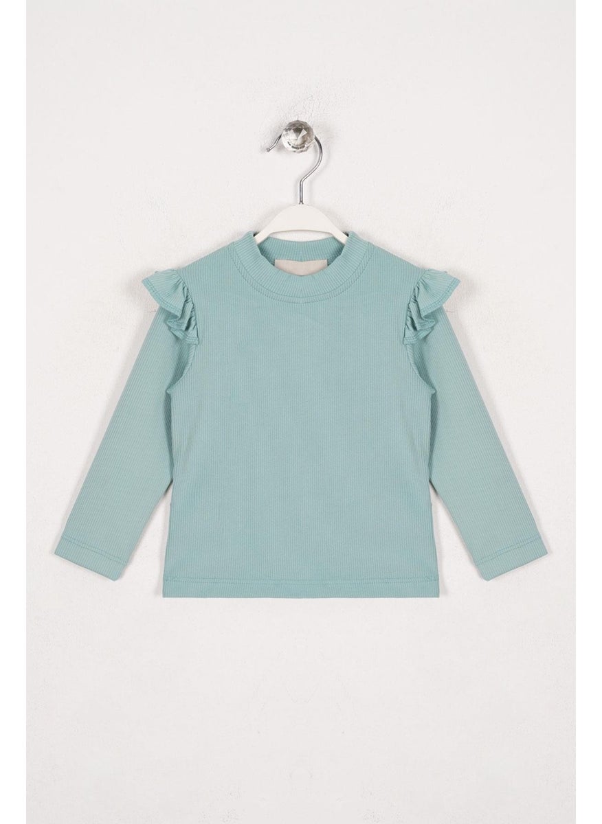 WEWE Crew Neck Long Sleeve Shoulder Ruffle Ribbed Cagla Green Color Girl Bodysuit  - Image 1