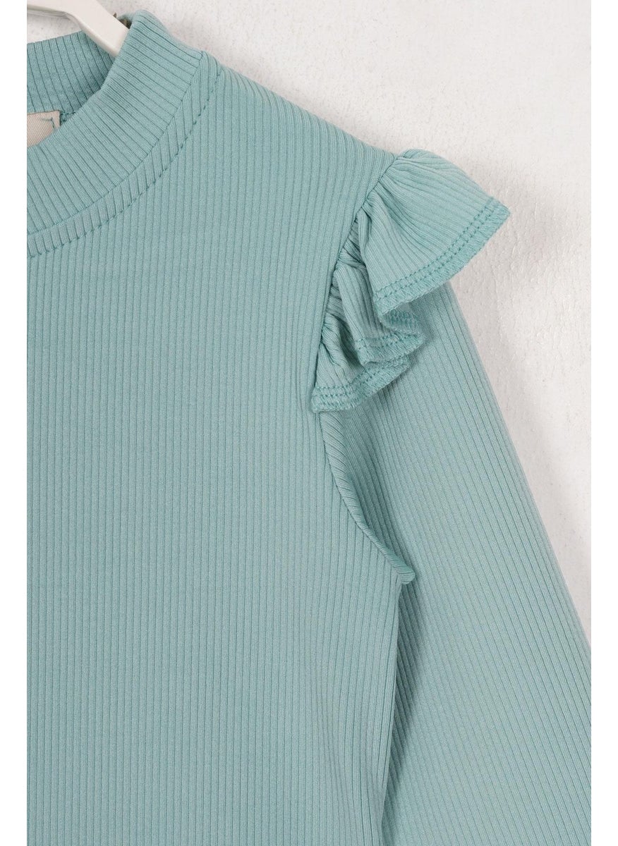 WEWE Crew Neck Long Sleeve Shoulder Ruffle Ribbed Cagla Green Color Girl Bodysuit  - Image 2