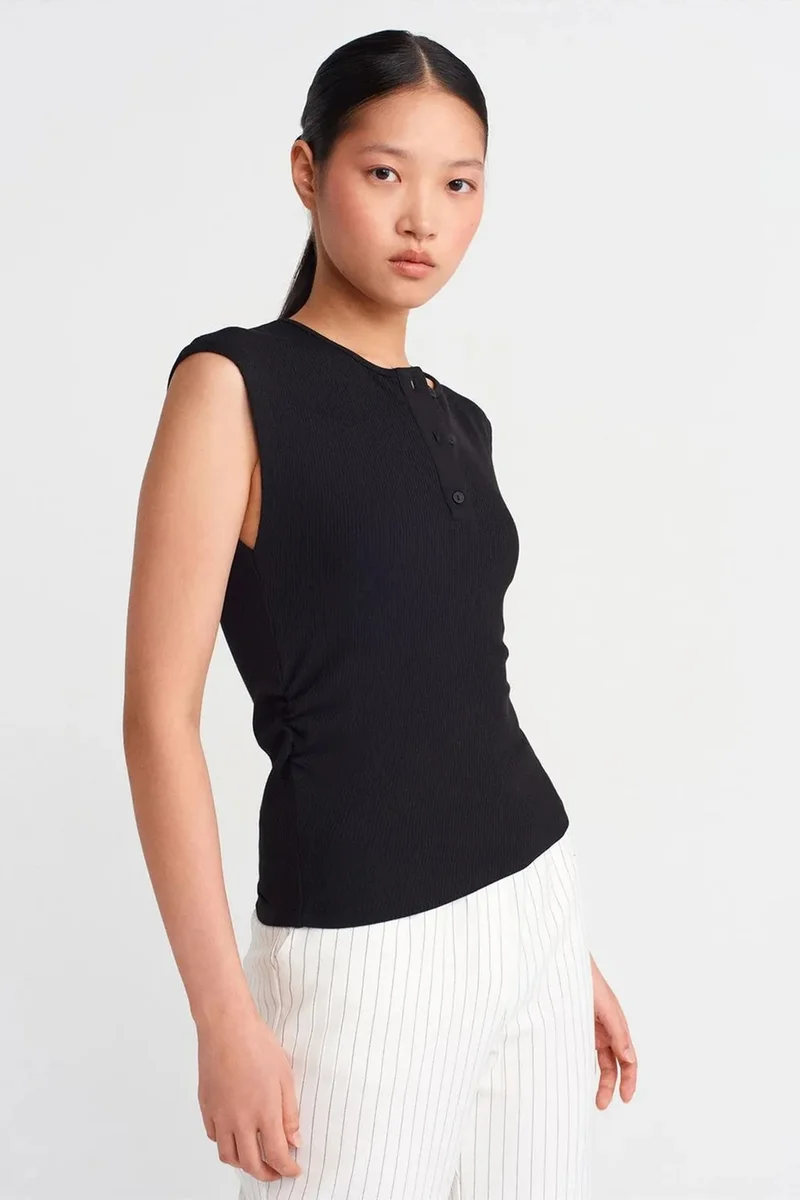 DILVIN Sleeveless Ribbed Button-Front Blouse