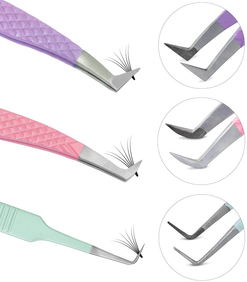SIVOTE Lash Tweezers for Eyelash Extensions, Set of 3 - Volume, Volume Boot, Slim 90 Degree Tweezers with Fiber Tips in Pastel Colors, Ideal for Mega, Volume & Russian Lashes - Includes Leather Pouch - Image 1