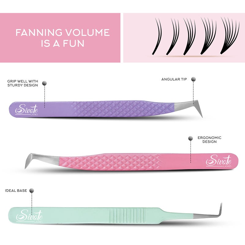 SIVOTE Lash Tweezers for Eyelash Extensions, Set of 3 - Volume, Volume Boot, Slim 90 Degree Tweezers with Fiber Tips in Pastel Colors, Ideal for Mega, Volume & Russian Lashes - Includes Leather Pouch - Image 2