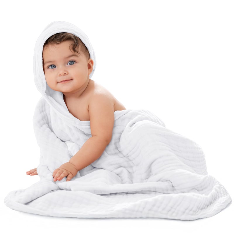 Comfy Cubs Baby Hooded 9 Layer Muslin Cotton Towel for Kids, Large 32” x 32”, Ultra Soft, Warm, and Absorbent. Baby Essentials Bath Towels, Cute Unisex Cover for Girls and Boys (Pack of 1, White) - Image 1