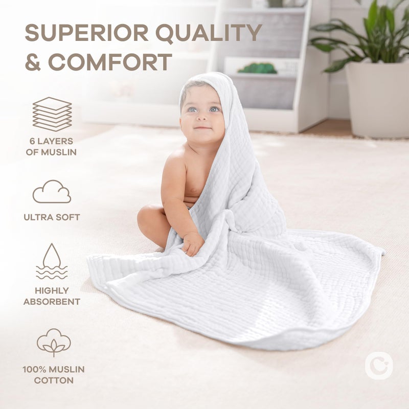 Comfy Cubs Baby Hooded 9 Layer Muslin Cotton Towel for Kids, Large 32” x 32”, Ultra Soft, Warm, and Absorbent. Baby Essentials Bath Towels, Cute Unisex Cover for Girls and Boys (Pack of 1, White) - Image 4