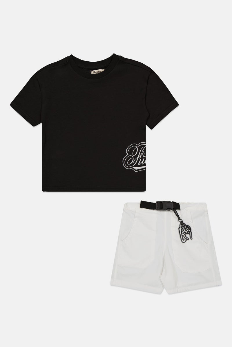 Fudo Kids Boy 3 Pieces Embroidered Logo T-Shirt With Shorts And Keyring Set, Multicolor - Image 2