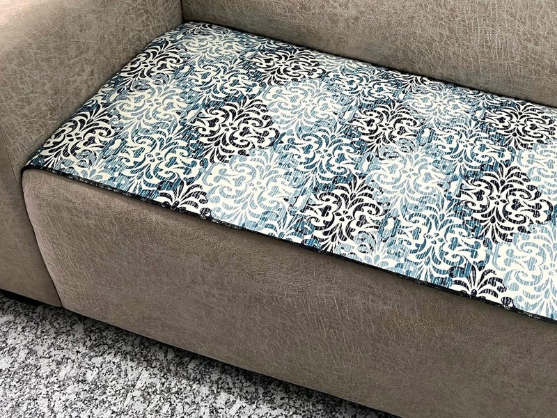 FABANE Polycotton Printed Sofa Seat Cover For 3 Seater With Heavy Antiskid Backing Easily Machine Washable Sofa Seat Runner For Couch Or Home Living Area 22 X 68 Inches Blue Damask - Image 1
