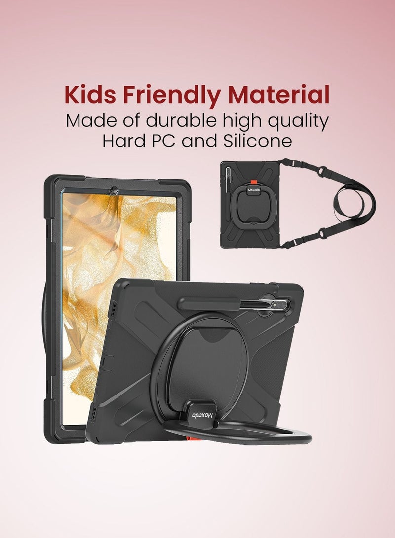 Moxedo Shockproof Rugged Protective Colorful Case with 360 Rotating Kickstand and Shoulder Strap Compatible for Samsung Galaxy Tab S7 Plus 12.4-inch 2020 / S8 Plus 2022 (T730/T970/X800) - Black - Image 2