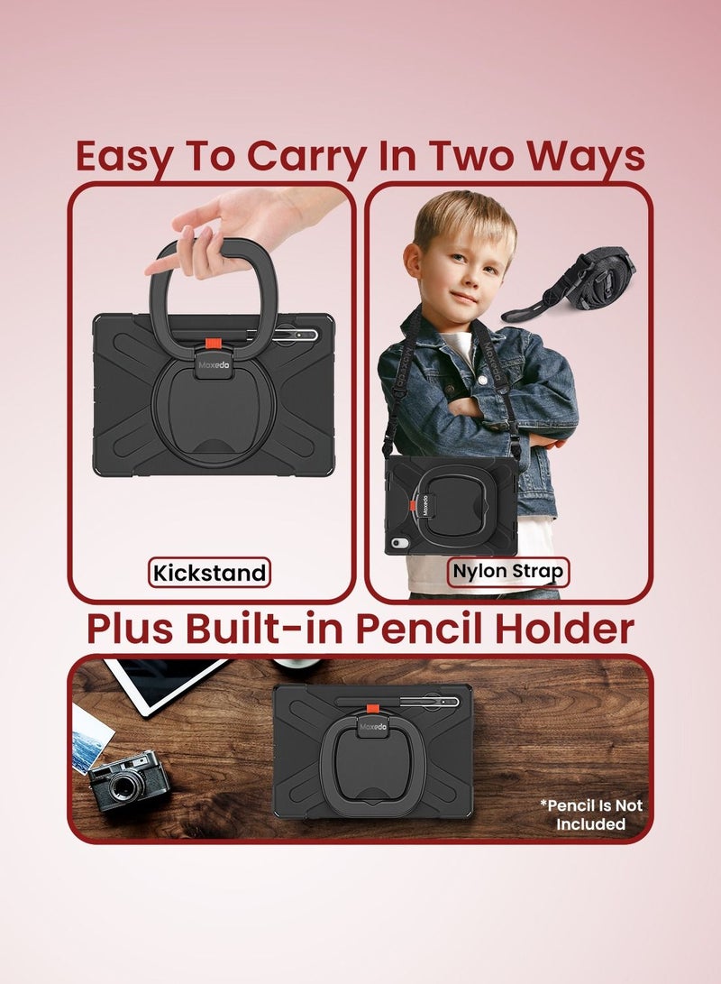 Moxedo Shockproof Rugged Protective Colorful Case with 360 Rotating Kickstand and Shoulder Strap Compatible for Samsung Galaxy Tab S7 Plus 12.4-inch 2020 / S8 Plus 2022 (T730/T970/X800) - Black - Image 5