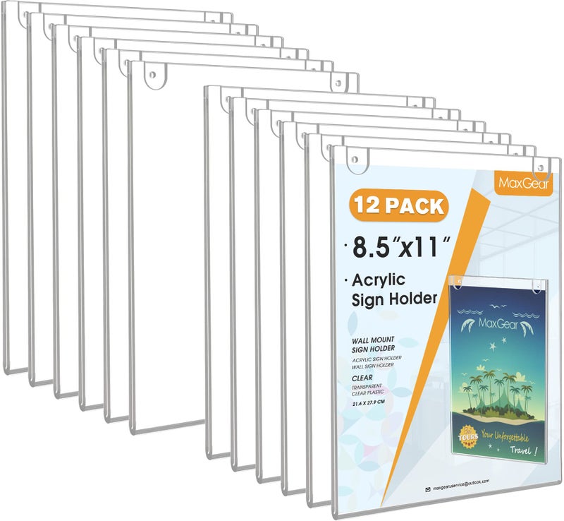 MaxGear Wall Mount Sign Holder 85 x 11 Inch Clear Plastic Picture Frames Door Sign Holder Portrait Style with Adhesive Tapes and Screws for Office Home Store Restaurant Vertical 12 Pack