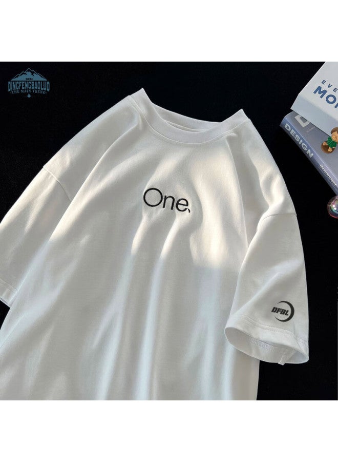 Dingfengbaoluo Men's Short Sleeve T-shirt Summer Thin Loose Bottoming Shirt Embroidered Top Fashion Df085 White L - Image 1