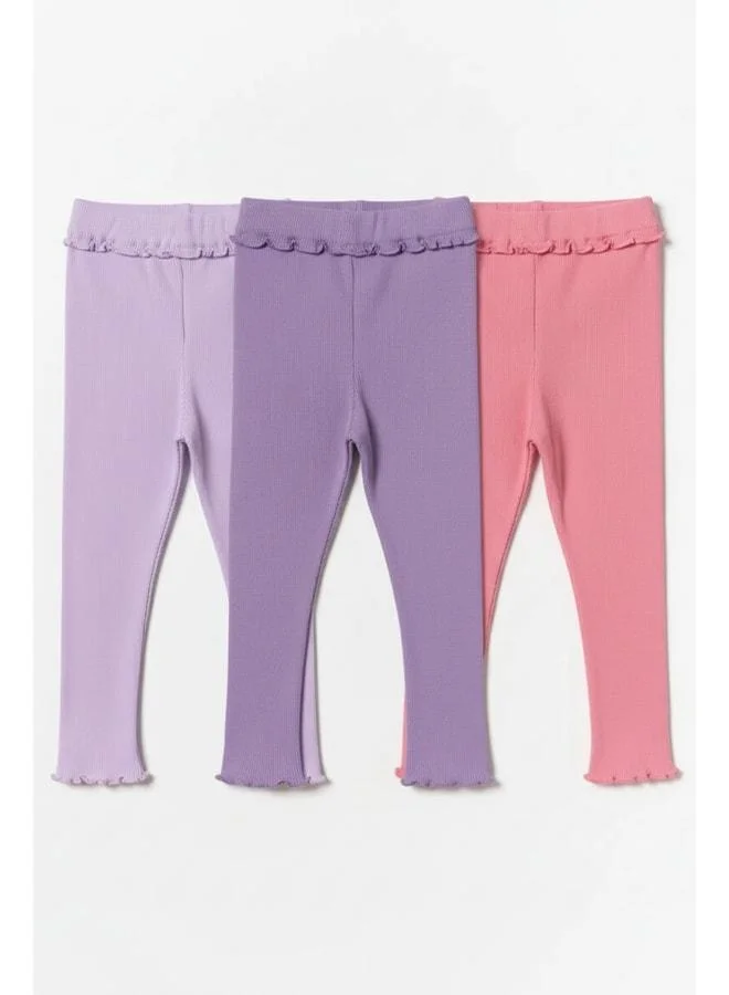 Magu Girls' Cotton 3-Piece Ribbed Leggings Set in Lilac, Purple and Pink with Ruffle Details – Stretchy Comfortable Fit.