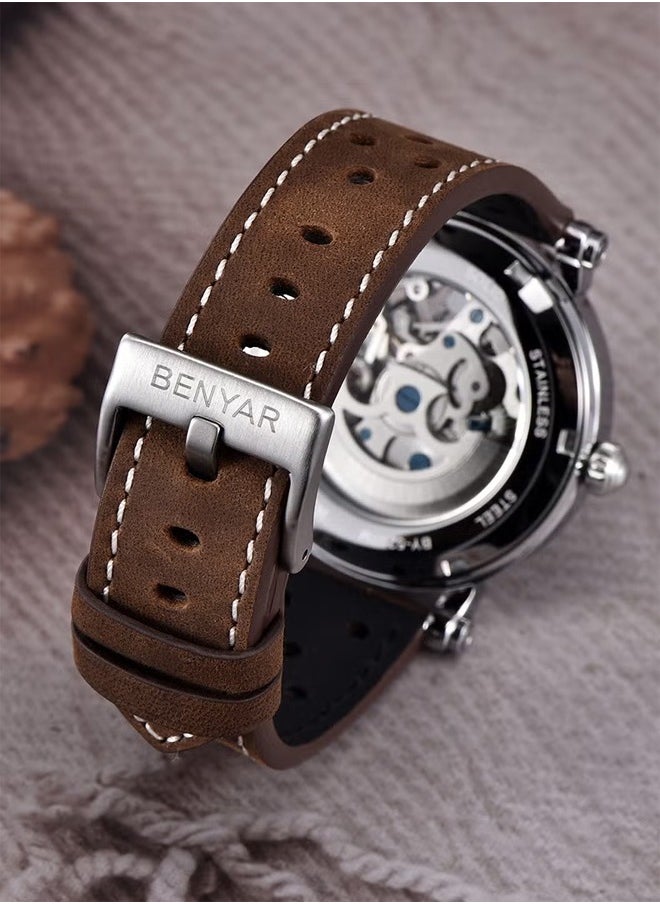 BENYAR Men's Fashion Automatic Watch, Stainless Steel 40MM Frame, Silver Blue Dial, Brown Leather Strap  - Image 3