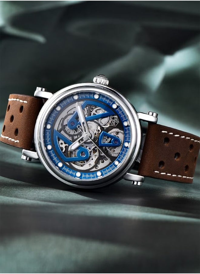 BENYAR Men's Fashion Automatic Watch, Stainless Steel 40MM Frame, Silver Blue Dial, Brown Leather Strap  - Image 4