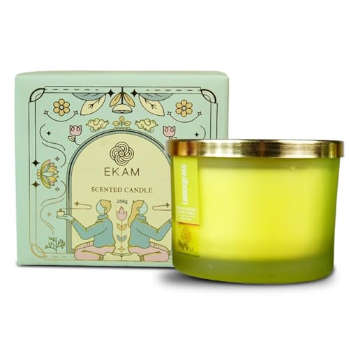EKAM 3 Wick Soy Wax Scented Candle | Lemongrass Fragrance | 35 Hr Burn | Long Lasting Premium Jar Candle for Home Decor, Relaxation & Aromatherapy - Image 3
