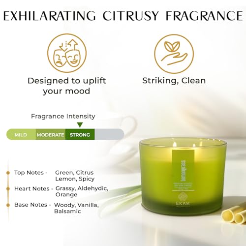 EKAM 3 Wick Soy Wax Scented Candle | Lemongrass Fragrance | 35 Hr Burn | Long Lasting Premium Jar Candle for Home Decor, Relaxation & Aromatherapy - Image 5