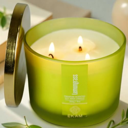 EKAM 3 Wick Soy Wax Scented Candle | Lemongrass Fragrance | 35 Hr Burn | Long Lasting Premium Jar Candle for Home Decor, Relaxation & Aromatherapy - Image 1