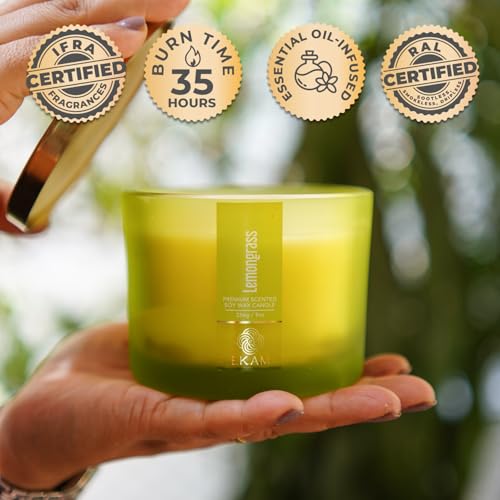 EKAM 3 Wick Soy Wax Scented Candle | Lemongrass Fragrance | 35 Hr Burn | Long Lasting Premium Jar Candle for Home Decor, Relaxation & Aromatherapy - Image 2