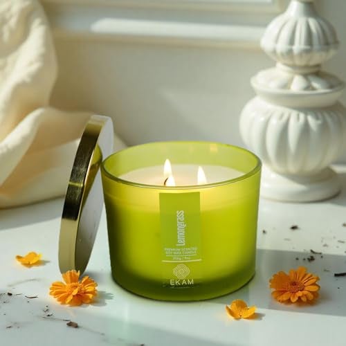 EKAM 3 Wick Soy Wax Scented Candle | Lemongrass Fragrance | 35 Hr Burn | Long Lasting Premium Jar Candle for Home Decor, Relaxation & Aromatherapy - Image 4