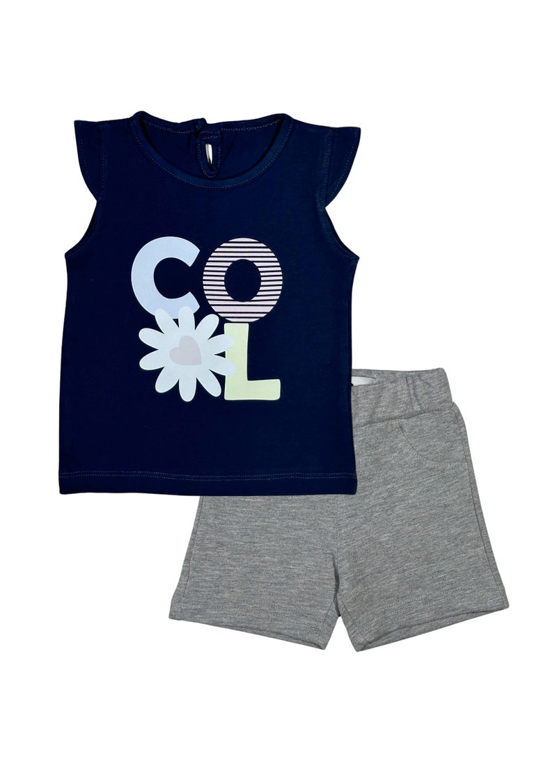 Baby Co. Cool Short Girls Set (Navy T-shirt + Grey Shorts) - Image 1