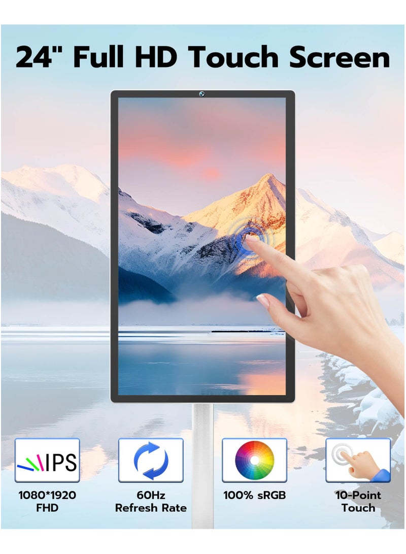 24" Portable TV Tablet, Touchscreen Portable Monitor with Stand on Wheels, 24-inch Wireless Touch Screen Smart Mobile Movable Rolling TV, 8000mAh Battery Operated, 8GB RAM + 128GB ROM  - Image 2