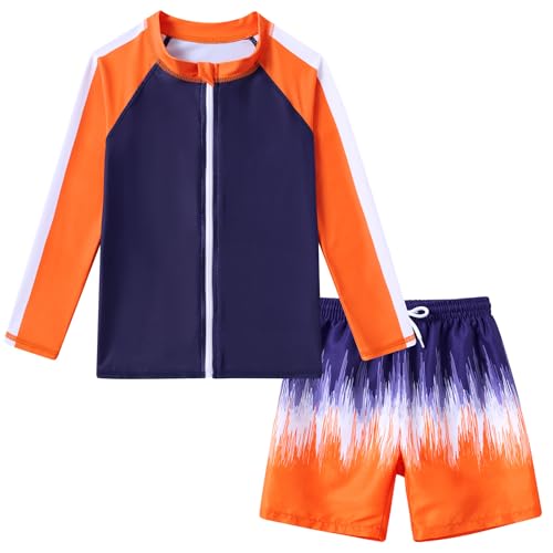 SunFocus 7t 8t Boys Swim Set Two Piece Bathing Suit Kid Rash Guard Swimwear Long Sleeve Zipper Swimsuit Swim Trunks with Shirt Orange Graffiti - Image 1