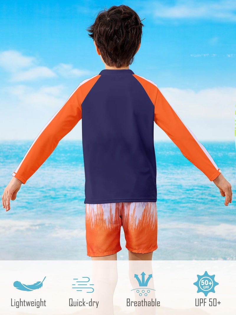 SunFocus 7t 8t Boys Swim Set Two Piece Bathing Suit Kid Rash Guard Swimwear Long Sleeve Zipper Swimsuit Swim Trunks with Shirt Orange Graffiti - Image 5