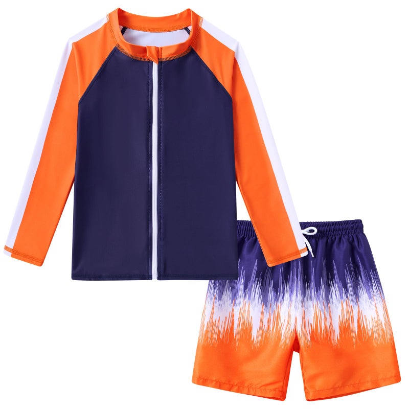 SunFocus 7t 8t Boys Swim Set Two Piece Bathing Suit Kid Rash Guard Swimwear Long Sleeve Zipper Swimsuit Swim Trunks with Shirt Orange Graffiti - Image 2