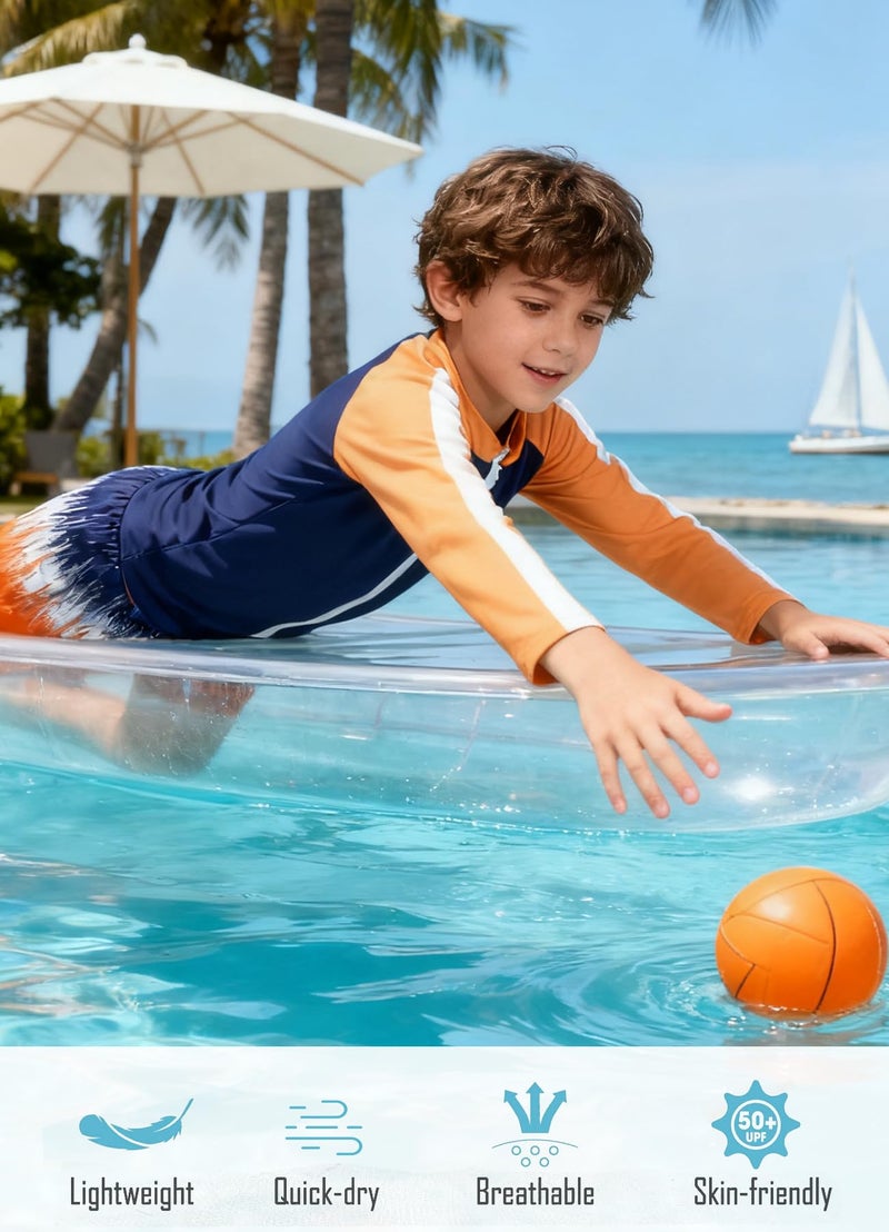 SunFocus 7t 8t Boys Swim Set Two Piece Bathing Suit Kid Rash Guard Swimwear Long Sleeve Zipper Swimsuit Swim Trunks with Shirt Orange Graffiti - Image 3