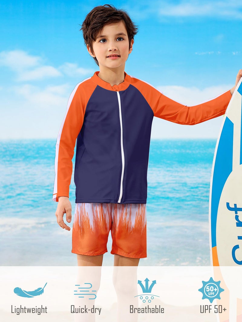 SunFocus 7t 8t Boys Swim Set Two Piece Bathing Suit Kid Rash Guard Swimwear Long Sleeve Zipper Swimsuit Swim Trunks with Shirt Orange Graffiti - Image 4
