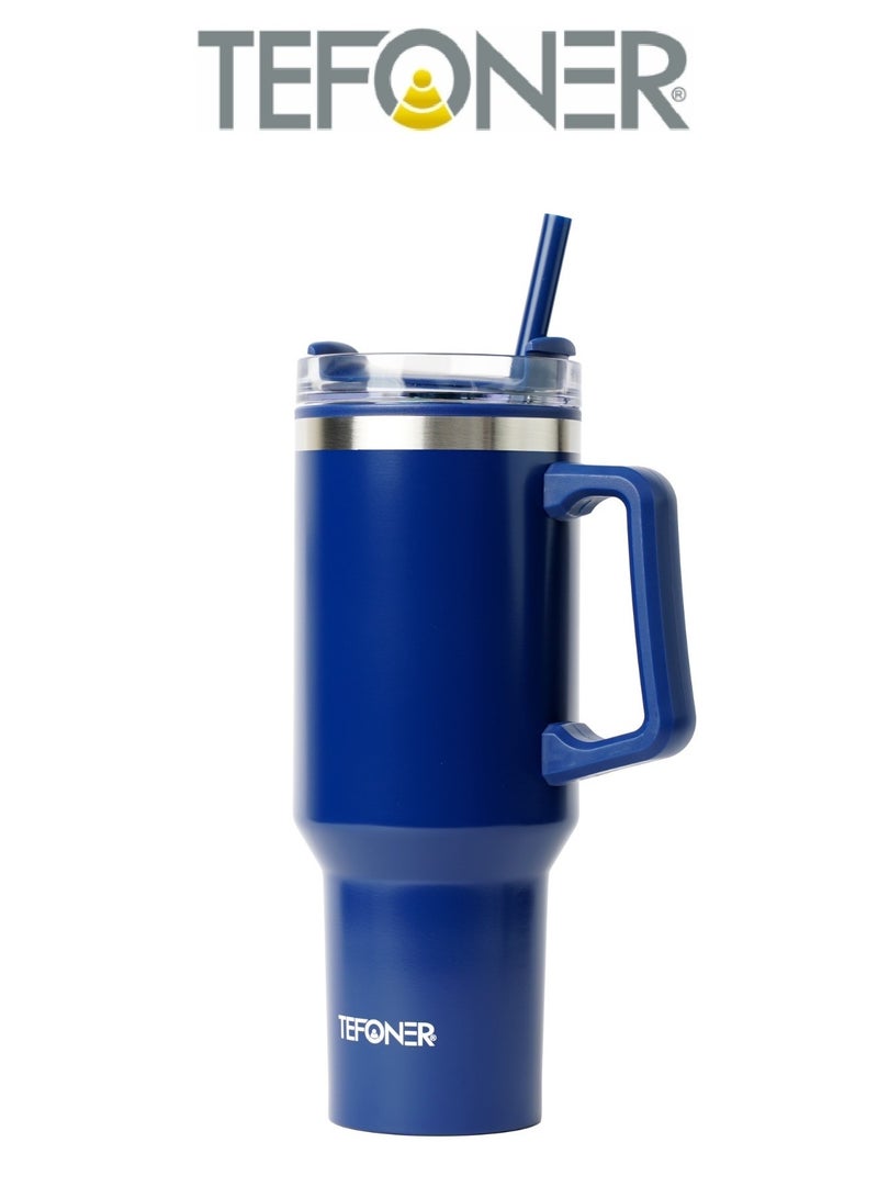 تيفونر مق كوب حراري يحفظ الحرارة والبرودة. كوب قهوة حافظة للحرارة بسعة 40oz (1.2 لتر). كوب حافظ للحراره سهل الحمل عبر مقبض قوي. مج حراري مع قشة قوية. مق أزرق - Image 1