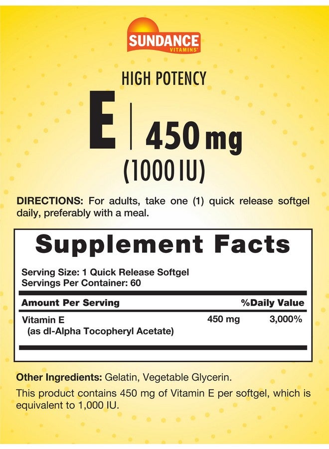 Sundance High Potency Vitamin E | 450mg (1000 IU) | 60 Softgels | Essential Vitamin Supplement | Non-GMO and Gluten Free Formula - Image 2