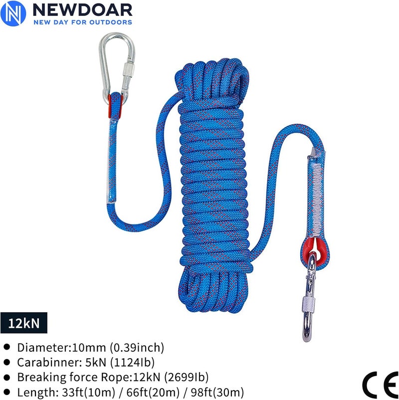 Newdoar Climbing Rope 8(5/16in),10mm (3/8in), High Strength Accessory Cord Rope with 2 Steel Hooks, for Outdoor Rescue Rappelling Rope Down Cliffs ledges Safety Escape Tow Strap Equipment(Blue) - Image 2