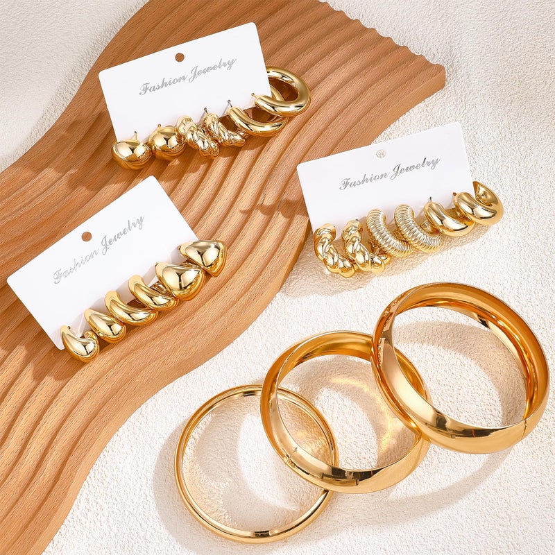 MEDOJO 36 Pcs Golden Jewelry Set for Women Chunky Bangle Bracelet Golden Hoop Earrings Stackable Ring Chunky Jewelry Set for Women - Image 4