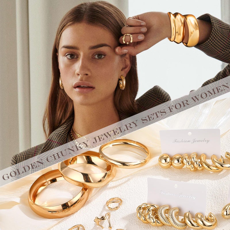 MEDOJO 36 Pcs Golden Jewelry Set for Women Chunky Bangle Bracelet Golden Hoop Earrings Stackable Ring Chunky Jewelry Set for Women - Image 5