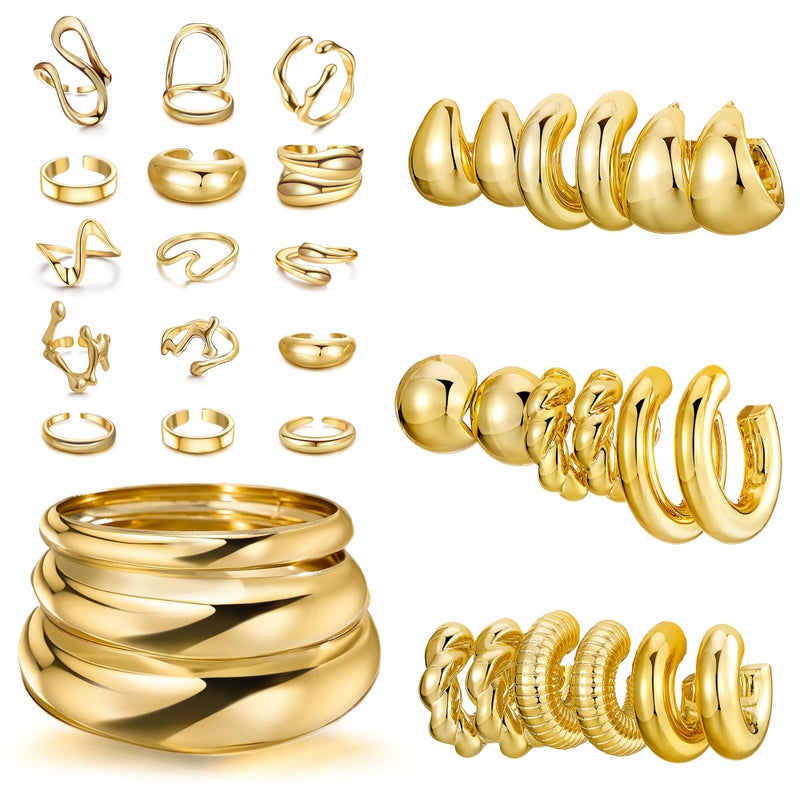 MEDOJO 36 Pcs Golden Jewelry Set for Women Chunky Bangle Bracelet Golden Hoop Earrings Stackable Ring Chunky Jewelry Set for Women - Image 1