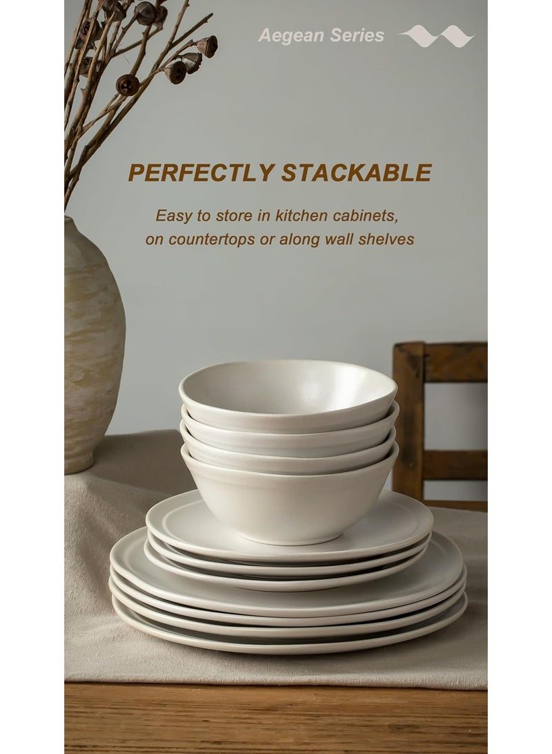 Famiware Aegan 12 Piece Handmade Stoneware Dinnerware Set, Set for 4, Scratch Resistant, Microwave & Dishwasher Safe, Matte White  - Image 4