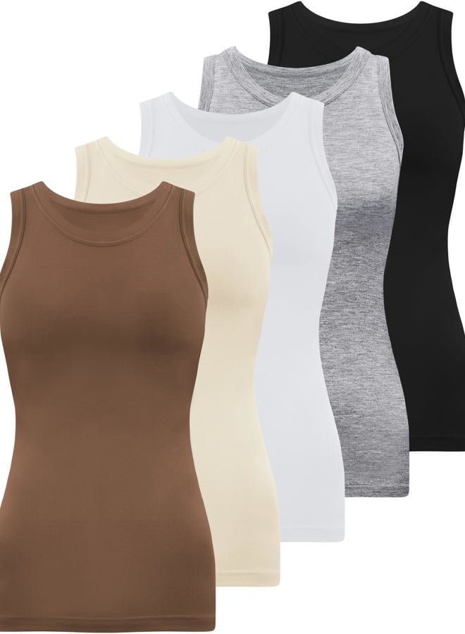 BQTQ 5 Pack Womens Crewneck Tank Tops High Neck Tank Tops Sleeveless Slim Fit Basic Tanks Top Ladies Undershirts, Black, Gray, White, Brown, Apricot, M - Image 1