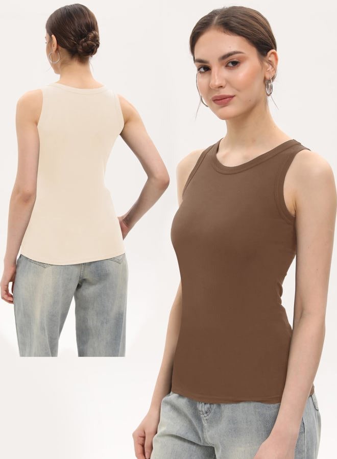 BQTQ 5 Pack Womens Crewneck Tank Tops High Neck Tank Tops Sleeveless Slim Fit Basic Tanks Top Ladies Undershirts, Black, Gray, White, Brown, Apricot, M - Image 4