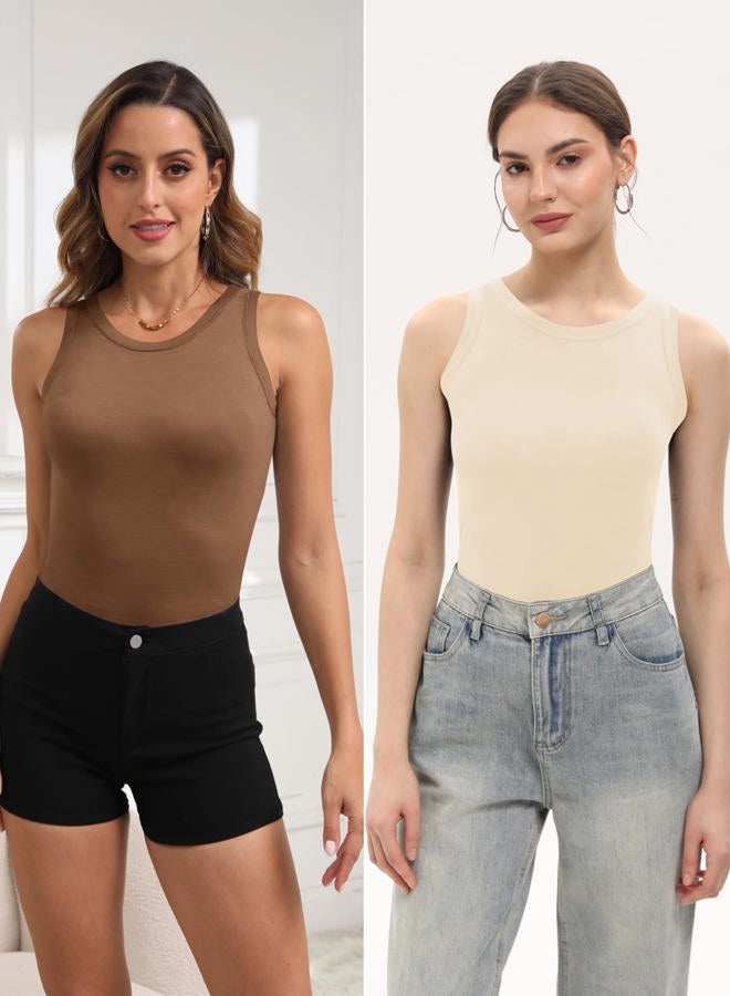 BQTQ 5 Pack Womens Crewneck Tank Tops High Neck Tank Tops Sleeveless Slim Fit Basic Tanks Top Ladies Undershirts, Black, Gray, White, Brown, Apricot, M - Image 3